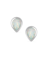 Bling Jewelry Tiny Simple Iridescence Bezel Created White Opal Teardrop Stud Earrings .925 Sterling Silver