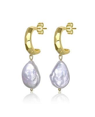 Sterling Silver 14K Gold Plated with Irregular Freshwater Pearl Dangle Earrings