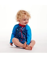 Andy & Evan Baby Boys Long Sleeve Navy Beach Print Swim Romper w/Hat
