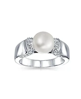 Bling Jewelry Art Deco Style Pave Cz Solitaire White Freshwater Cultured Pearl Promise Ring Silver Plated Brass