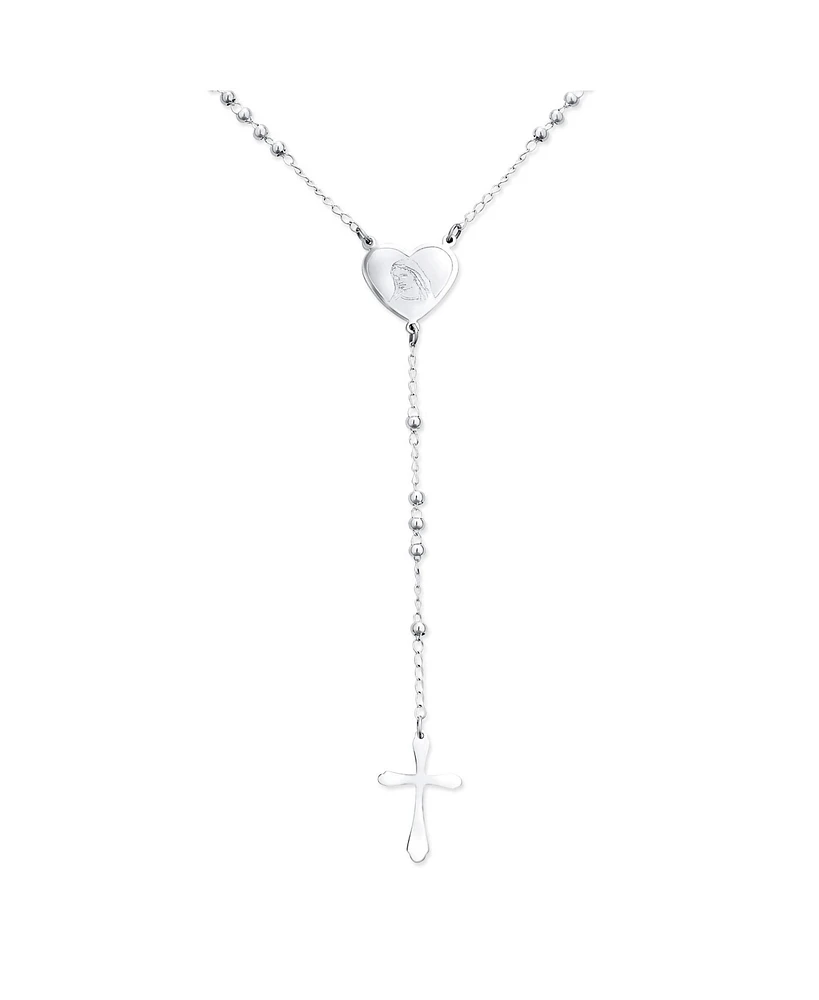 Bling Jewelry Religious Christian Dainty 2MM Round Ball Beaded Link Heart Holy Mother Virgin Mary Delicate Simple Cross Prayer Rosary Rosario Chain Si
