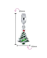 Bling Jewelry Holiday Red Star Green Decorated Christmas Tree Dangle Charm Bead Enamel .925 Sterling Silver