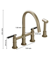 Double Handle 4-Holes Deck Mount Bridge Kitchen Faucet with Side Sprayer Sink Faucet 360 Swivel Spout in Brushed Gold