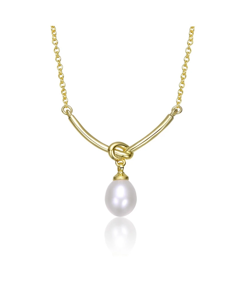 Sterling Silver 14K Gold Plated with White Egg Shapped Freshwater Pearl Y-Shapped Necklace