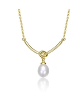 Sterling Silver 14K Gold Plated with White Egg Shapped Freshwater Pearl Y-Shapped Necklace
