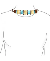 Bling Jewelry Boho Western American Indian Style Handmade 3 Row Line Bead Natural Wood Hair Pipe Black Brown Leather Tribal Wide Choker Adjustable Nec