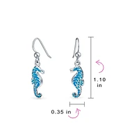 Bling Jewelry Sea Animal Nautical Beach Vacation Inlay Enamel Blue Seahorse Dangling Earrings .925 Sterling Silver Fish Hook