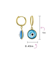 Bling Jewelry Spiritual Protection Round Blue Nazar Evil Eye Drop Huggie Mini Hoop Earrings Endless Murano Glass Yellow Gold Plated .925 Sterling Silv