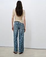 Mango Women's Flower-Embroidered Wide Leg Jeans