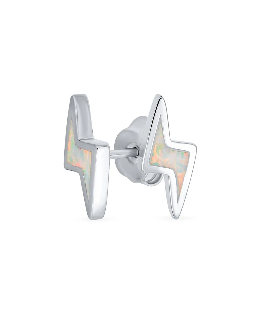 Bling Jewelry Geometric White Created Opal Inlay Zig Zag Flash Electrify Lightning Bolt Stud Earrings .925 Sterling Silver