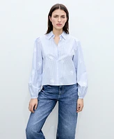 Mango Women's Flower Embroidered Striped Shirt