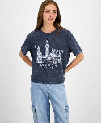 Rebellious One Juniors' London Mineral Wash Graphic T-Shirt