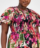 Anne Klein Plus Smocked Floral Midi Dress