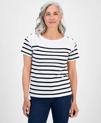 Style & Co Petite Nautical Stripe Button Cotton T-Shirt, Exclusively at Macy's