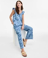 Nautica Womens Palm Print Ruffle Shoulder Chambray Top Pants