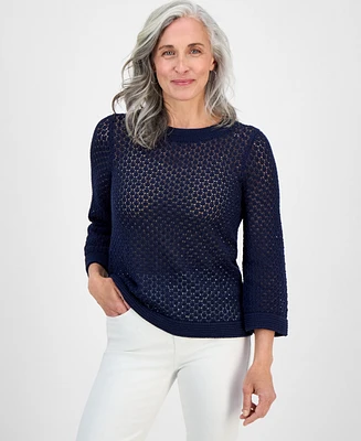 Style & Co Petite Open-Stitch 3/4-Sleeve Cotton Sweater, Exclusively at Macy's