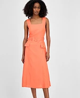 Tahari Asl Petite Square-Neck Belted Sleeveless Dress