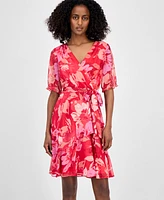 Tahari Asl Petite Printed Tie-Waist Chiffon A-Line Dress
