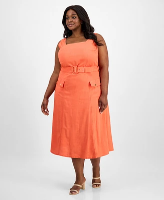 Tahari Asl Plus Square-Neck Belted Midi Dress