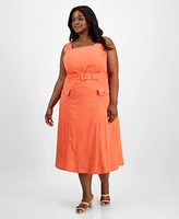 Tahari Asl Plus Square-Neck Belted Midi Dress