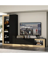 Multifunctional Tv stand with stitching design, media console with tri-color light strip, wooden entertainment center