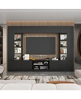 The Tv stand with nine cabinets for up to 75-inch TVs, an entertainment center with two light strips, and a black wooden media console