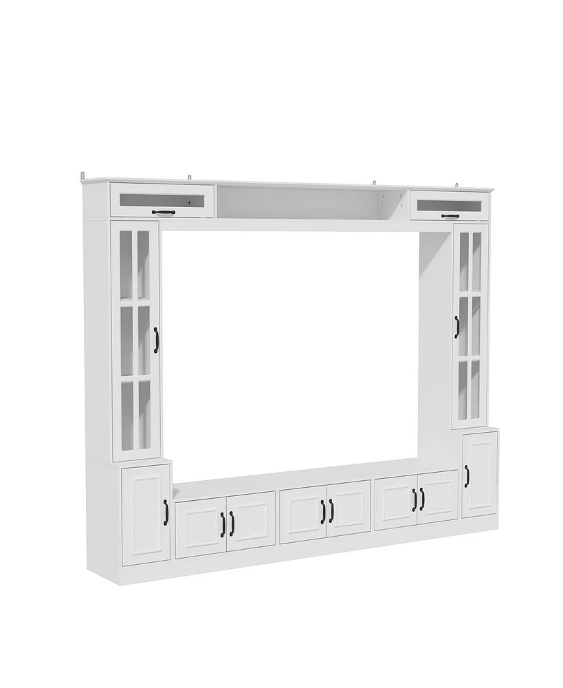 White 12-door Tv stand, media console with tempered glass, entertainment center with hydraulic poles