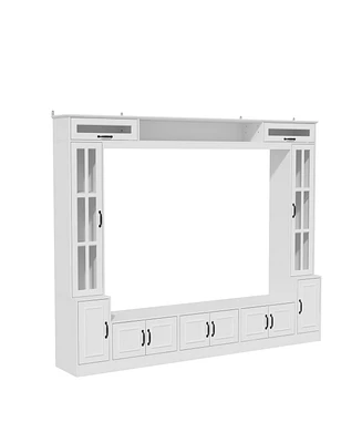 White 12-door Tv stand, media console with tempered glass, entertainment center with hydraulic poles