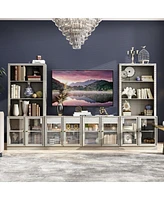 Tv stand with 8 doors, media console with tempered glass and metal handles, grey wood entertainment center