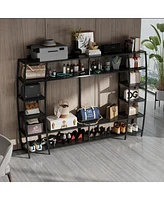 Black wooden Tv stand, entertainment center with steel stand, multi-purpose media console