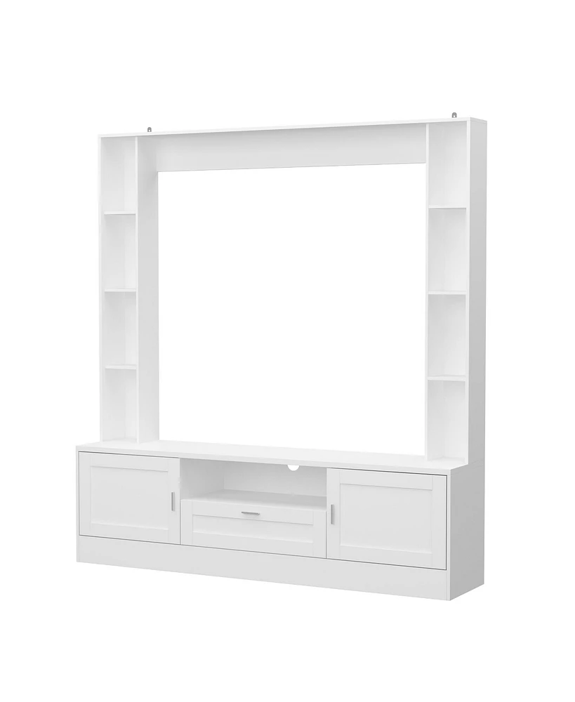 Tv stand with two doors and one drawer, media console with six fixed shelves, entertainment center in white wood