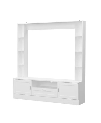 Tv stand with two doors and one drawer, media console with six fixed shelves, entertainment center in white wood