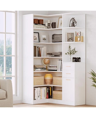 Corner Bookshelf and Bookcase with 2 Drawers and 10 Open Shelves