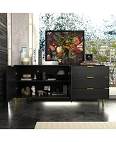 Tv stand with three drawers and two cabinet doors, media console metal feet, wooden entertainment center