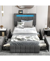 Upholstered Led Bed Frame with Headboard and 4 Drawers-Twin Size