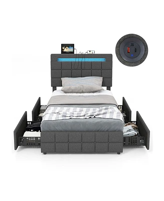 Upholstered Led Bed Frame with Headboard and 4 Drawers-Twin Size