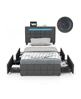 Upholstered Led Bed Frame with Headboard and 4 Drawers-Twin Size