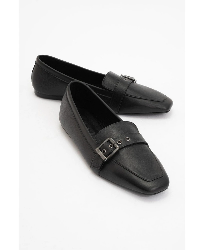Noir Leather Flat Loafers (Women)