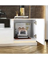 White Tv stand with two drawers and two doors, entertainment center with light strip, media console with drain box