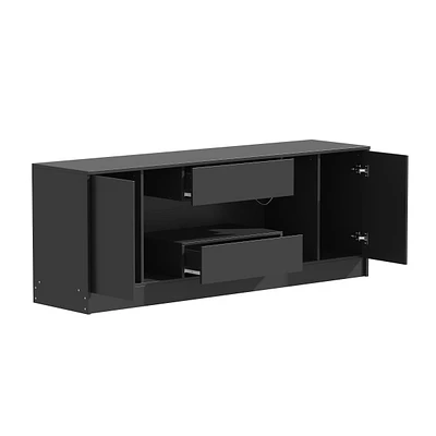 Tv stand with two doors, two drawers, media console with light strip, black wooden entertainment center