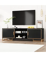 Black Tv stand with two doors, media console with metal handles and feet, multi-purpose wooden entertainment center