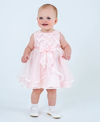 Baby Girls Basket Weave Social Dress with Two Tiered Ribbon Skirt