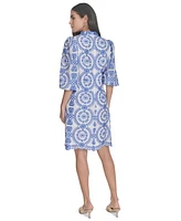 Jessica Howard Women's Embroidered 3/4-Sleeve A-Line Cotton Dress