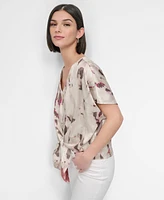 Dkny Women's V-Neck Tie-Front Scarf Twill Top