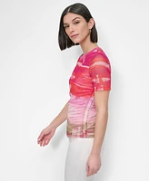 Dkny Women's Printed Mesh Crewneck Ruched Top