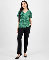 Ak Anne Klein Petite Printed V-Neck Raglan-Sleeve Top