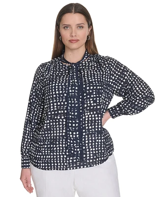 Calvin Klein Plus Printed Tie-Neck Long-Sleeve Blouse