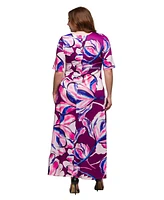 24seven Comfort Apparel Plus Print Elbow Sleeve Casual A-Line Maxi Dress