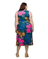 24seven Comfort Apparel Plus Midi Length Print Sleeveless Pleated Pocket Dress