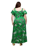 24seven Comfort Apparel Plus Cold Shoulder Ruffle Sleeve A-Line Maxi Dress